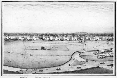 Strand y campo de cricket, panorama de Calcuta, India, c1840s