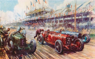 En el Gran Premio de 1924, el Alfa Romeo de Ascari lideró la carrera casi hasta el final, solo para perder porque el motor no arrancó después de una parada en boxes (litografia de color)