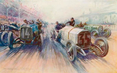 Mercedes blanco Lautenschlager en el Gran Premio de 1908, una carrera en la que los neumáticos se gastaron en grandes cantidades (litografia de color)