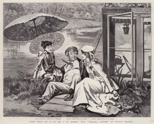 Actores ingleses Irene Vanbrugh, John Lawrence Toole y Mary Ansell en una producción de la obra de J M Barrie Walker, Londres, en el Teatro de Toole, Londres