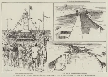 El Muy Honorable W H Smith inaugurando el rompeolas de South Gare, en la desembocadura del Tees, cerca de Middlesbrough