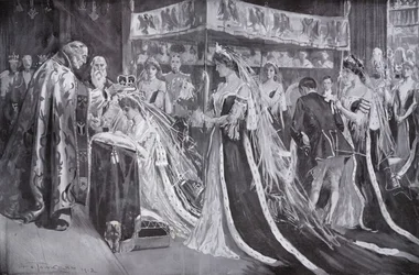La coronación de la Reina Alexandra, Consorte del Rey Eduardo VII, por el Arzobispo de York, Abadía de Westminster, Londres