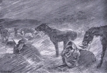 Una tormenta de granizo en Sudáfrica, de Después de Pretoria: La Guerra de Guerrillas publicado por Harmsworth Bros Limited, 1901