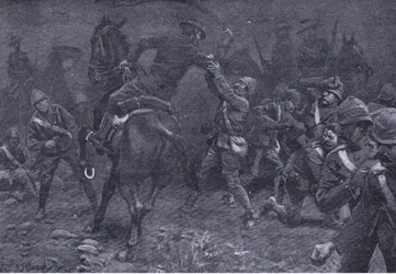 El Mayor Boole-Smith enfrenta a De Wet, de Después de Pretoria: La Guerra de Guerrillas publicado por Harmsworth Bros Limited, 1901