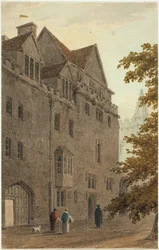 Antiguo Magdalen Hall desde el Gravel Walk quemado A.D.