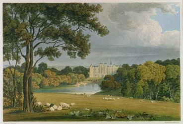 Vista de Burghley House, sede del Marqués de Exeter, grabado y publicado por Robert Havell (1769-1832), 1819 (grabado en color)