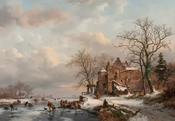 Un Paisaje Invernal con Patinadores en un Río Congelado, 1862