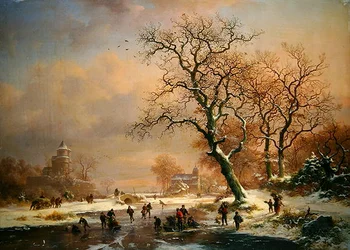 Paisaje invernal congelado con patinadores