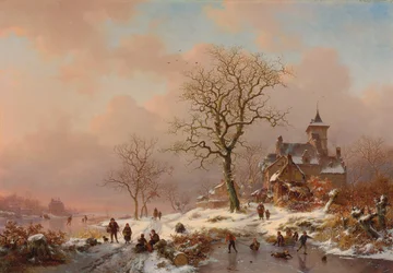 Paisaje de invierno con figuras jugando en el hielo, 1868