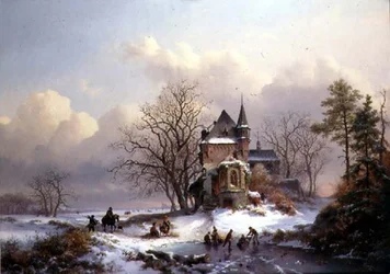Paisaje de invierno con patinadores