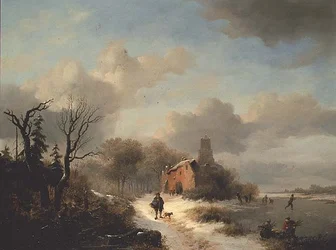 Paisaje de invierno con campesino y figuras en el hielo