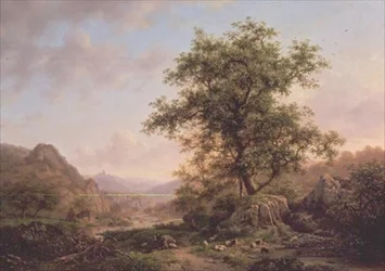 Paisaje boscoso con campesinos y animales en el camino
