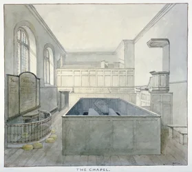 Vista interior de la capilla en la prisión de Newgate, Old Bailey, Ciudad de Londres, 1840