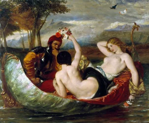 "Jóvenes desnudas, probablemente prostitutas, con un hombre con armadura, el diablo, en una barca de nácar. Pintura de Frederick Richard Pickersgill (1820-1900)