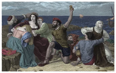 Piratas del Mar Mediterráneo juegan a ser prisioneros. Ilustración de Frederick Richard Pickersgill (1820-1900) 1869