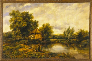 Un Paisaje Fluvial con un Pescador junto a un Molino