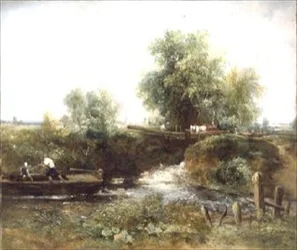 Río con caballos cruzando y bote