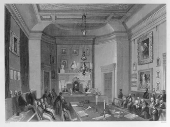 Vista del interior de Somerset House, mostrando una reunión de la Sociedad Real de Anticuarios, c.1840