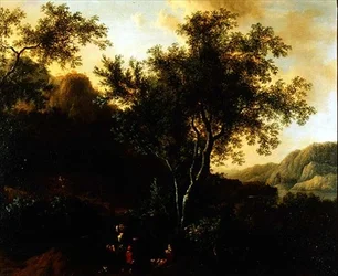 Paisaje lacustre italianizado con viajeros en un camino
