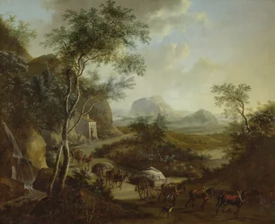 Paisaje con un convoy de caballos y carros