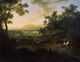 Paisaje con cazadores. Pintura de Federico de Moucheron (1633-1686). Óleo sobre lienzo, arte holandés, estilo barroco. Museo de Arte Mikhail Kroshitsky, Sebastopol (Sebastopol) Ucrania