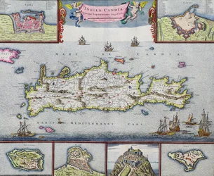 Mapa de la isla de Candía (Creta) con el puerto marítimo de Heraclión, hacia 1680