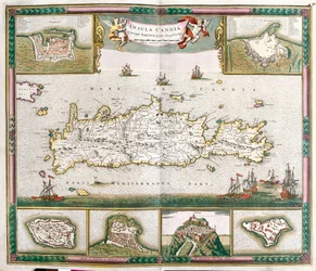Mapa de la isla de Creta, con vistas de las ciudades fortificadas La Canea y Heraclión y las fortalezas de Spinalonga, Retino, Thine y Souda
