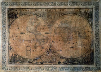 Nova Totius Terrarum Orbis Tabula, mapamundi de doble hemisferio de Federico de Wit (1629-1630 - 1706), dedicado al emperador José I, grabado en cobre