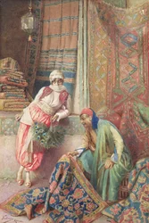 Negociando con el vendedor de alfombras, c.1875