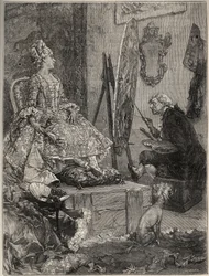 François Boucher pintando el retrato de Jeanne Antoinette Poisson, Marquesa de Pompadour (conocida como Madame de Pompadour)
