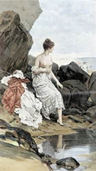 Mujer junto al mar bañándose en escondite - alegoría del verano, calendario ilustrado por Hubert Dys, pintado por F.H. Kaemmerer