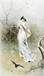 Mujer en un bosque - alegoría del comienzo del invierno, calendario ilustrado por Hubert Dys, pintado por F.H. Kaemmerer