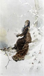 Mujer en la nieve: Alegoría del invierno, calendario ilustrado por Hubert Dys