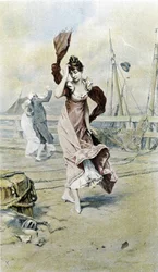 Mujer en la costa - alegoría de principios de primavera, calendario ilustrado por Hubert Dys