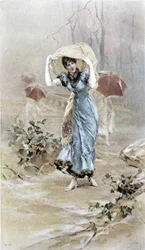 Mujer protegiéndose de la lluvia - alegoría de principios de otoño, calendario ilustrado por Hubert Dys