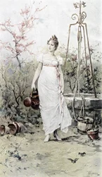 Mujer regresando de un pozo - alegoría de la primavera, calendario ilustrado por Hubert Dys, pintado por F.H. Kaemmerer