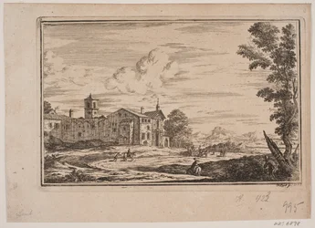 Edificio del monasterio, a la izquierda en paisaje italiano