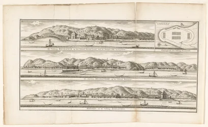 Tres fortalezas en las Molucas La Fortaleza Beverwyk en la Isla de Noesa-Laoet, con los Pueblos de Sila y Leynitoe / Mapa de la Fortaleza Duurstede / Las Fortalezas Duurstede en la Isla de Honimoa / Haroeko, y la Fortaleza Zeelandia (título sobre el objeto