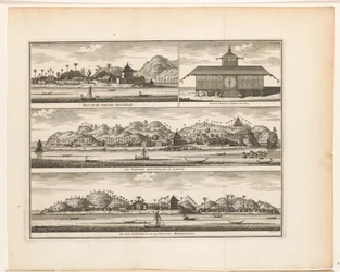 Tres fortalezas en Ambon. Hila y el Fuerte Amsterdam / Nuevo templo moro de Hila / El Fuerte Rotterdam en Larike / El Pas Baguwala y la Fortaleza Middelburg (título en el objeto)