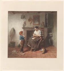 Interior con un niño, una cometa y una mujer