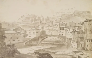 Vienne, cerca de Lyon. Puente Saint-Martin sobre el río Gére. A la izquierda, Priorato de Saint-Martin, a la derecha, Puerta de la Rochette y castillo Pipet