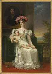 Retrato de Josefina de Leuchtenberg, Reina de Suecia y Noruega (con su hijo Carlos XV en brazos, sentado frente a un retrato del rey Oscar I)