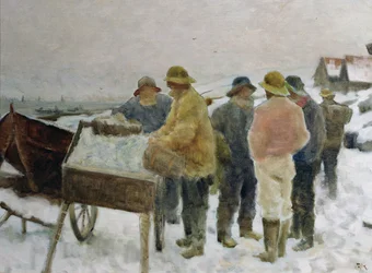 Pescadoras alrededor del carro de arenque
