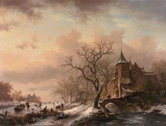 Castillo en un paisaje invernal y patinadores en un río helado