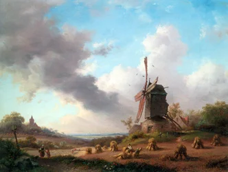 Paisaje de verano con agricultores recolectores