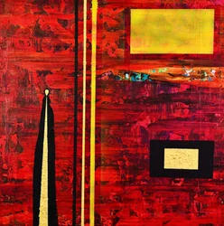 Figura abstracta en rojo y dorado