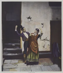 Bailarines españoles en Sevilla (litografía en color)