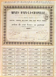 Acción al portador de 100 francos de las minas de Aquisgrán, 1856