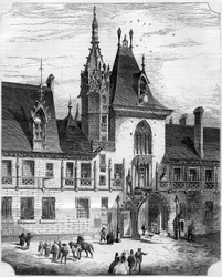 Arquitectura gótica del siglo XV: fachada del patio interior de la casa de Jacques Coeur (1395-1456), comerciante francés. Bourges, Cher (18).