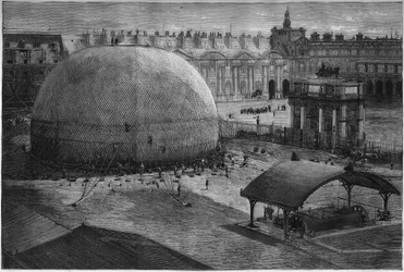 Exposición Universal de 1878 en París: inflado del globo cautivo de Henri Giffard en el patio de las Tullerías. Grabado en 